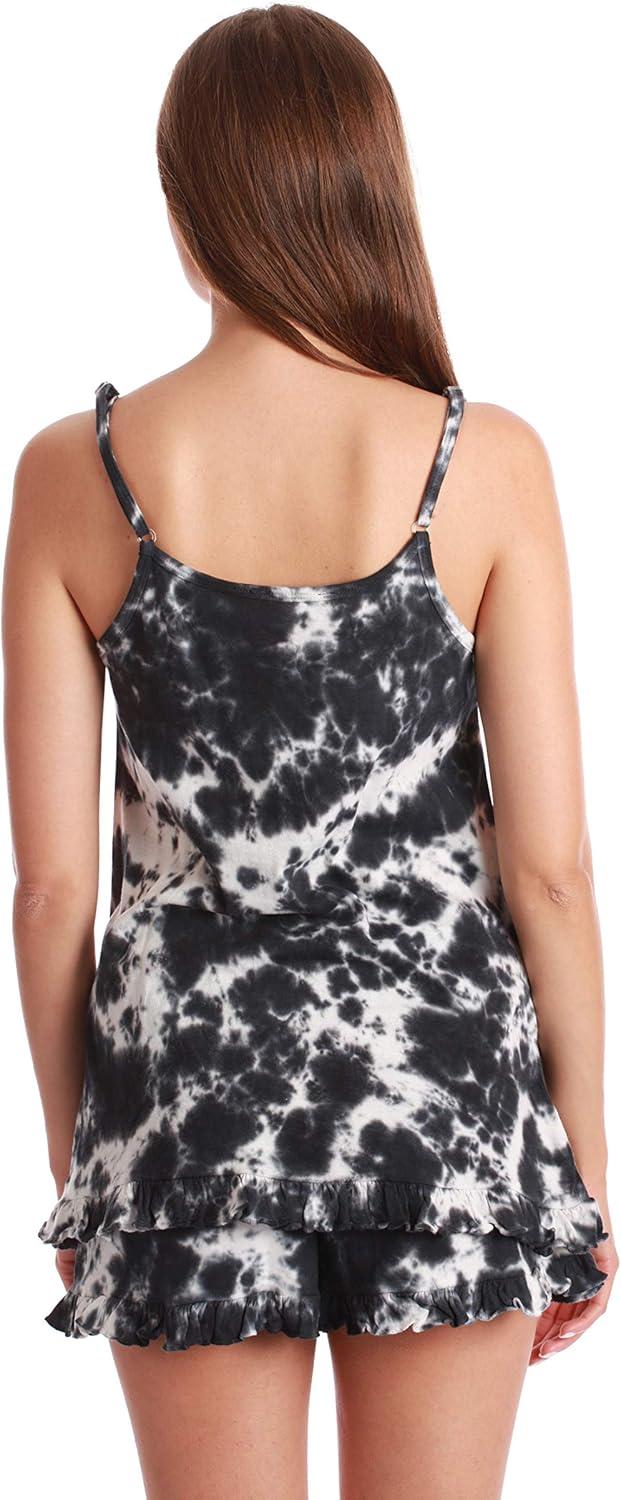 imageJust Love Womens Tie Dye Pajama Short Set 100 Cotton Tank and Shorts Sleepwear with Ruffle DetailTie Dye Black and White