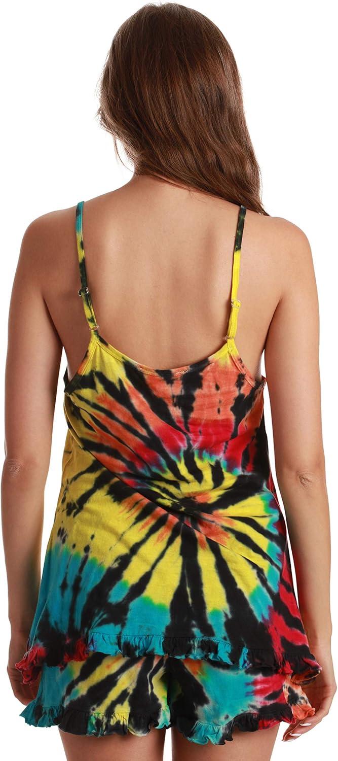 imageJust Love Womens Tie Dye Pajama Short Set 100 Cotton Tank and Shorts Sleepwear with Ruffle DetailTie Dye Multi Rainbow