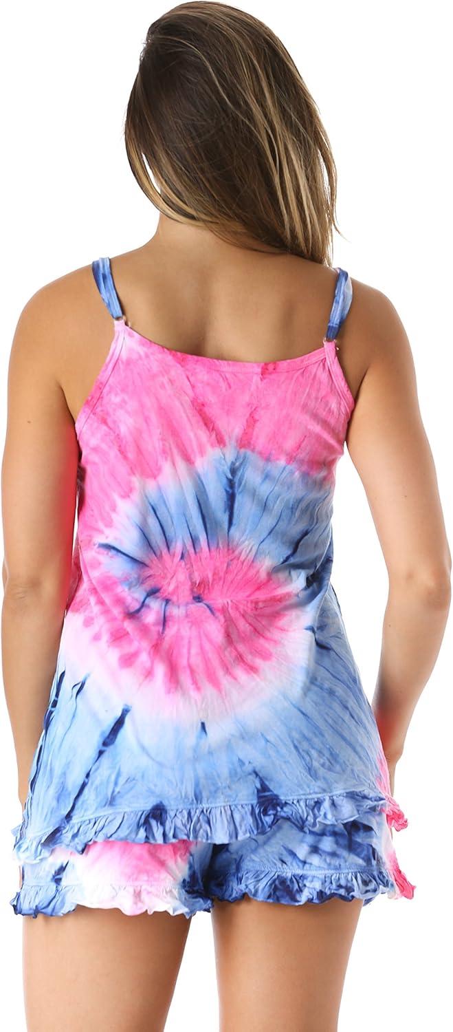 imageJust Love Womens Tie Dye Pajama Short Set 100 Cotton Tank and Shorts Sleepwear with Ruffle DetailTie Dye Swirl