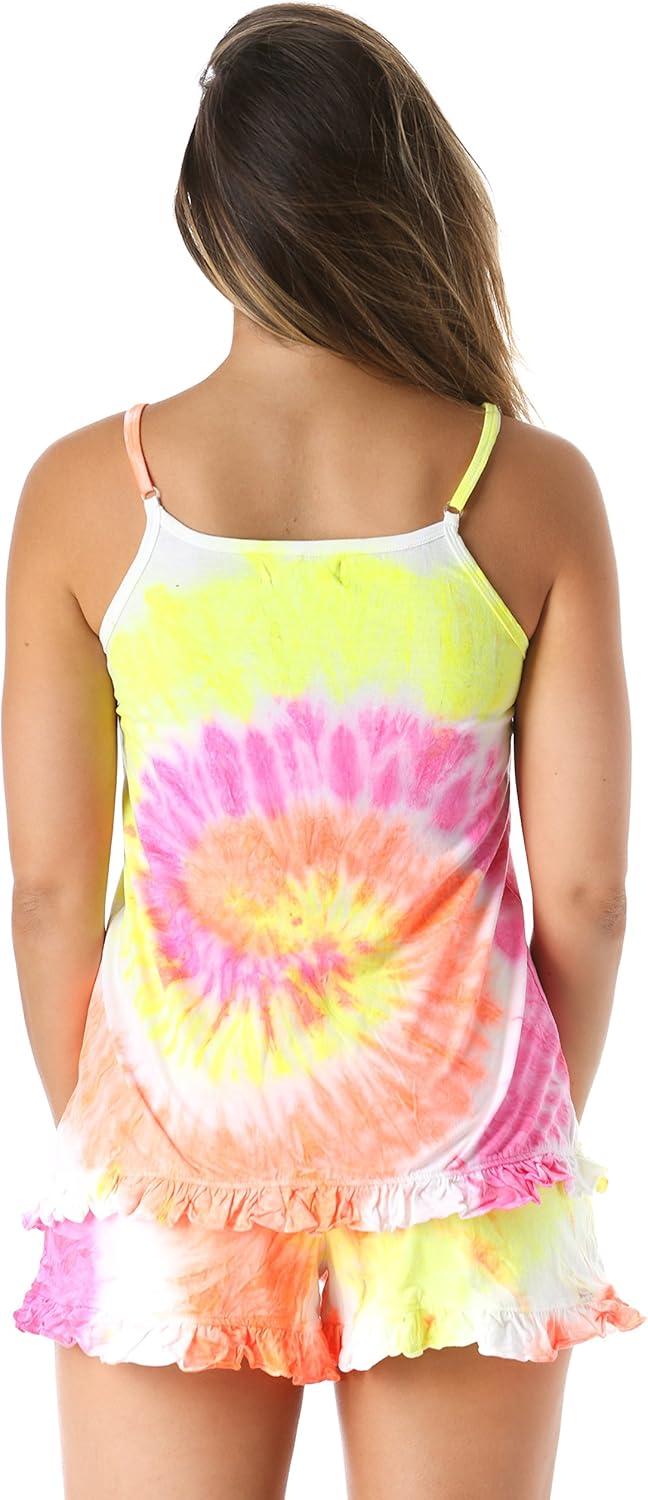 imageJust Love Womens Tie Dye Pajama Short Set 100 Cotton Tank and Shorts Sleepwear with Ruffle DetailTie Dye Tornado