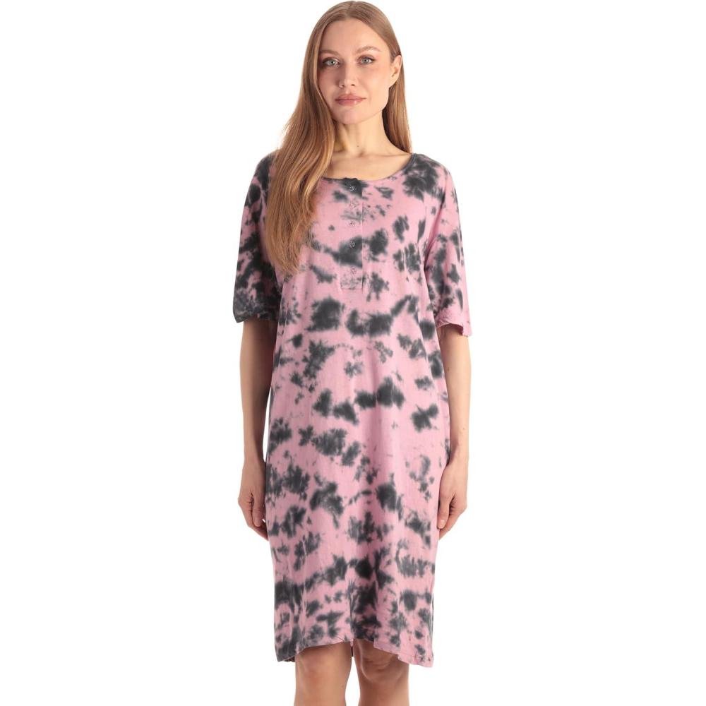 imageJust Love Womens Tie Dye Nightgown 100 Cotton Short Sleeve Henley Sleep ShirtTie Dye Black Pink