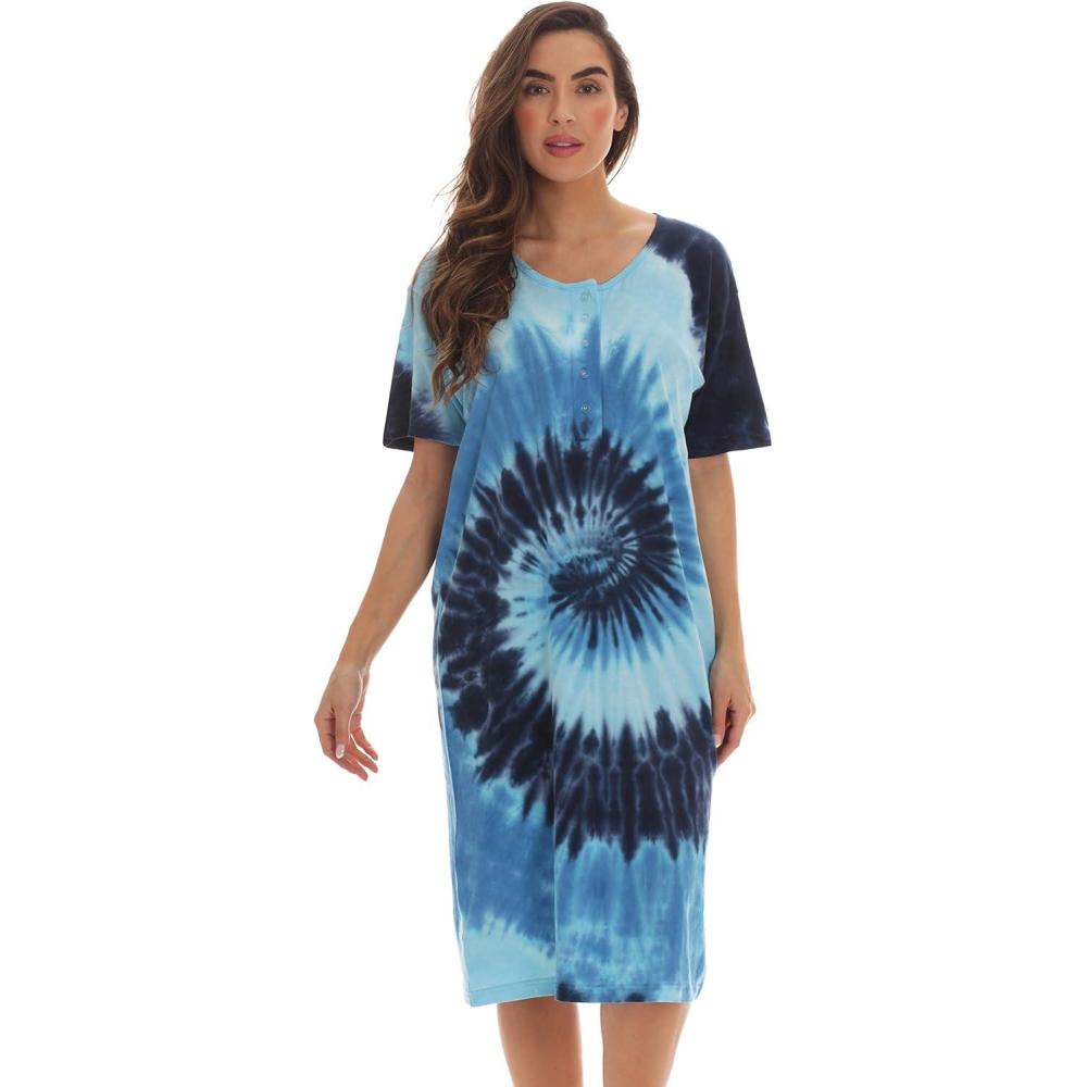 imageJust Love Womens Tie Dye Nightgown 100 Cotton Short Sleeve Henley Sleep ShirtTie Dye Blue Swirl