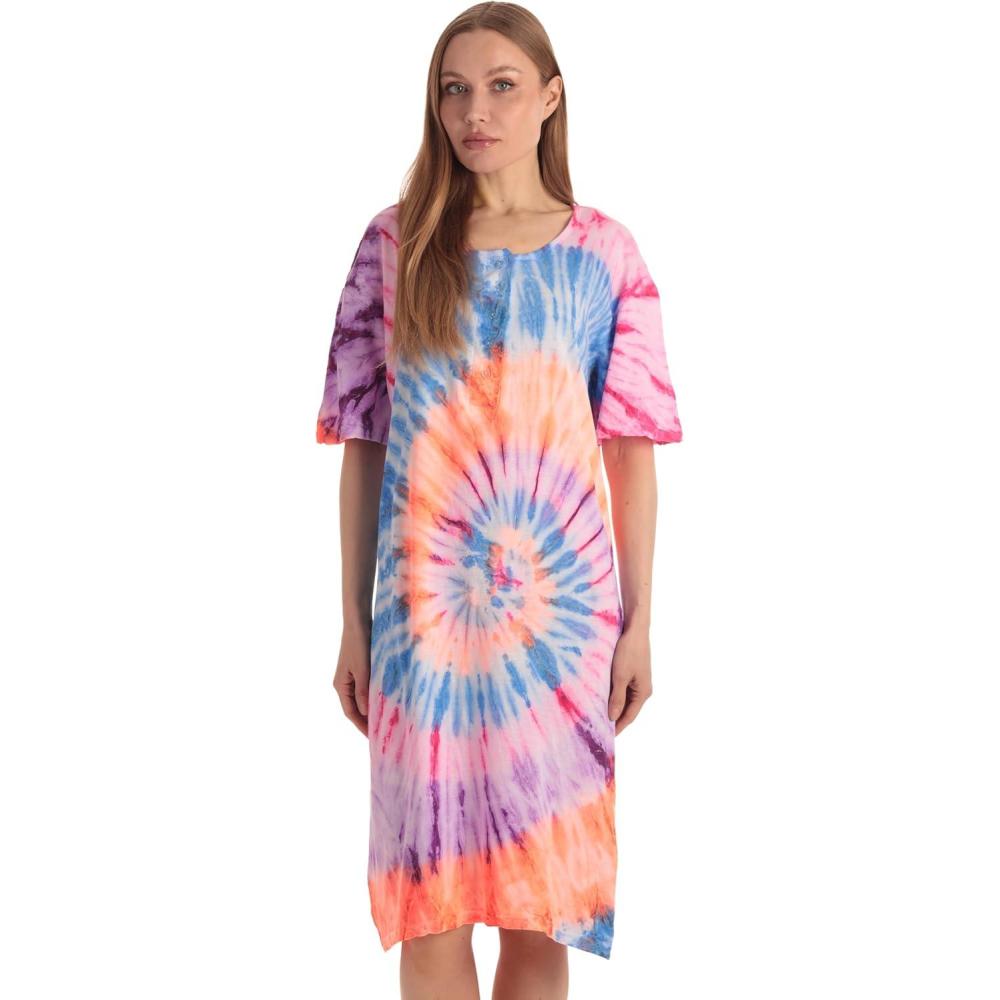 imageJust Love Womens Tie Dye Nightgown 100 Cotton Short Sleeve Henley Sleep ShirtTie Dye Colorful Swirl