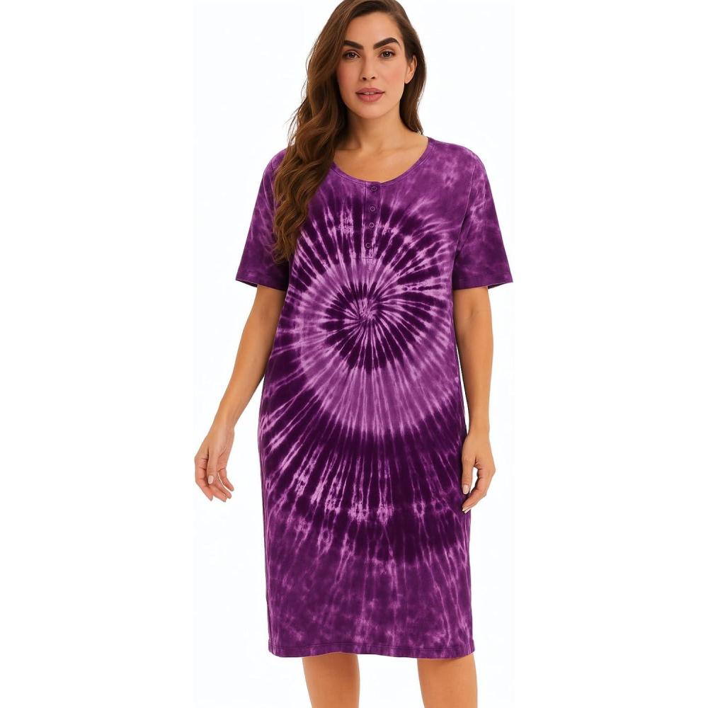 imageJust Love Womens Tie Dye Nightgown 100 Cotton Short Sleeve Henley Sleep ShirtTie Dye Purple Swirl