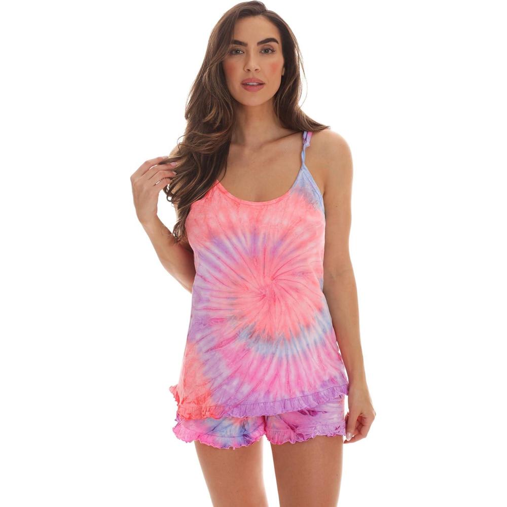 imageJust Love Womens Tie Dye Pajama Short Set 100 Cotton Tank and Shorts Sleepwear with Ruffle DetailTie Dye Colorful Swirl