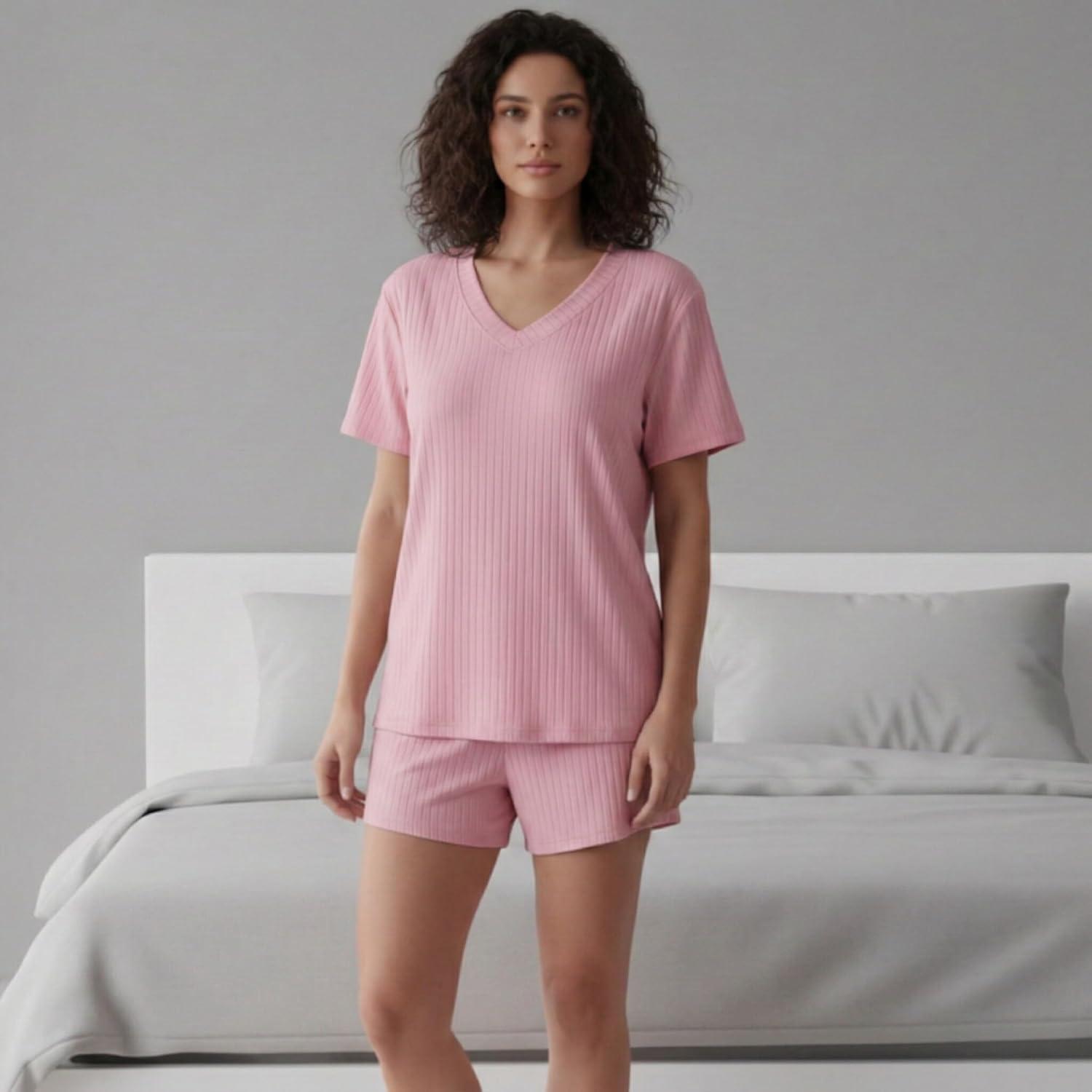 imageJust Love Womens Pajama Short Set Stretch Jersey VNeck Sleepwear with Elastic Waist ShortsSolid Pink