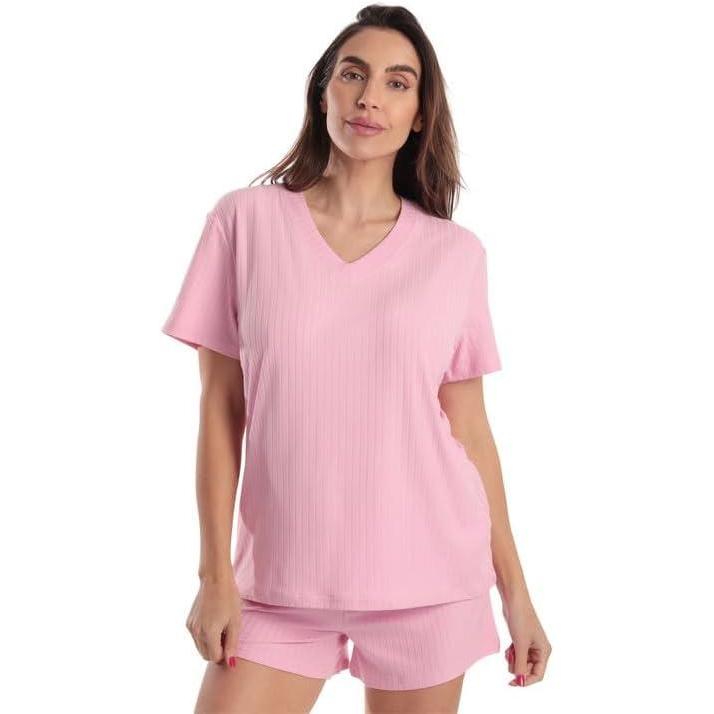 imageJust Love Womens Pajama Short Set Stretch Jersey VNeck Sleepwear with Elastic Waist ShortsSolid Pink