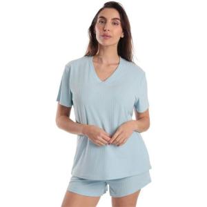 Just Love Women’s Pajama Short Set, Stretch Jersey V-Neck Sleepwear with Elastic Waist Shorts(Solid Blue)