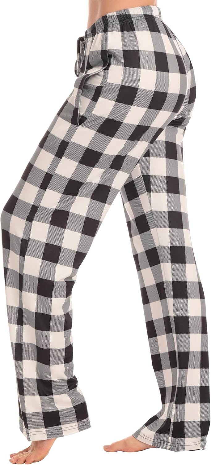 imageJust Love Womens Pajama Pants Soft Stretch Jersey PJ Bottoms with Two Pockets Elastic Waist and DrawstringWhite Black Buffalo Plaid