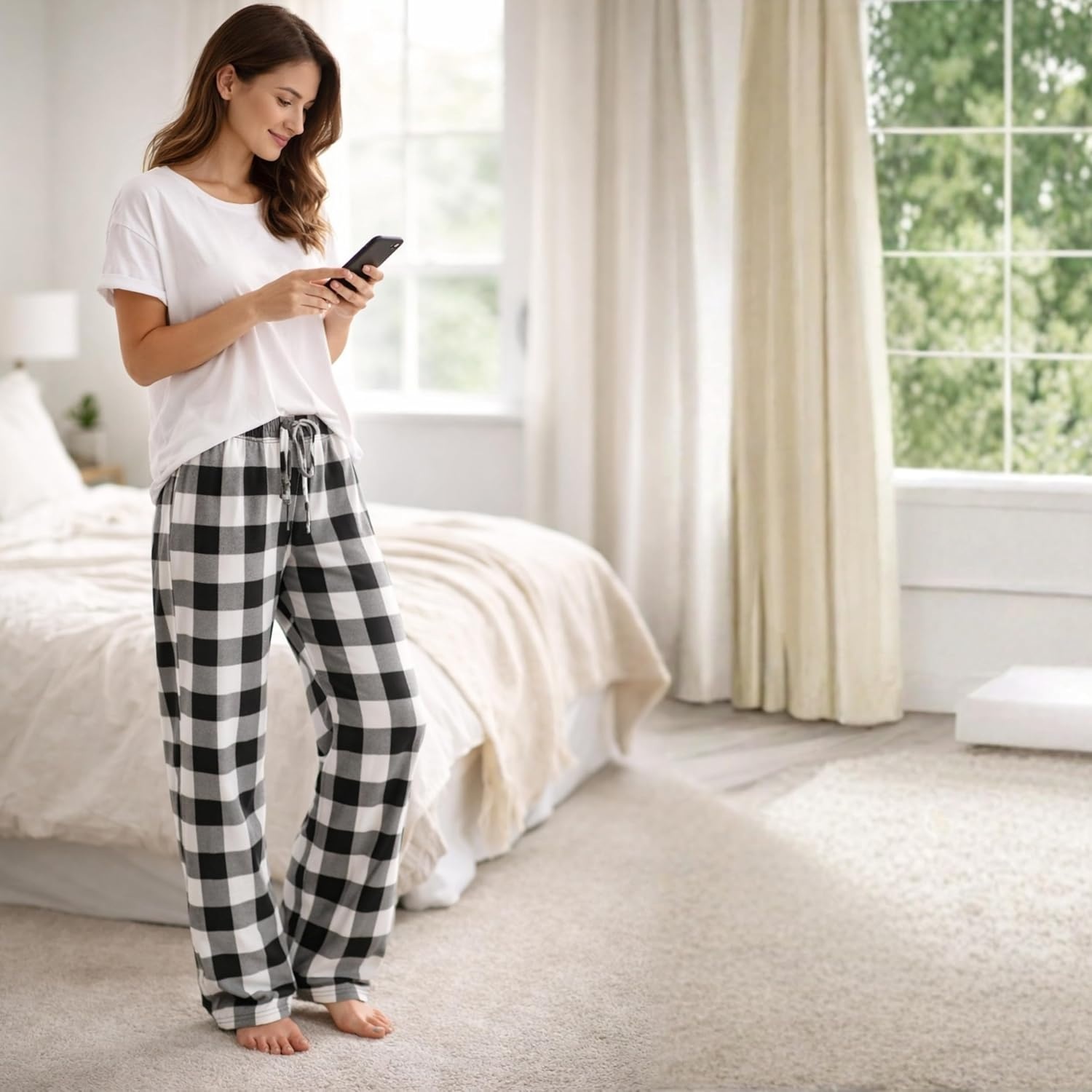 imageJust Love Womens Pajama Pants Soft Stretch Jersey PJ Bottoms with Two Pockets Elastic Waist and DrawstringWhite Black Buffalo Plaid