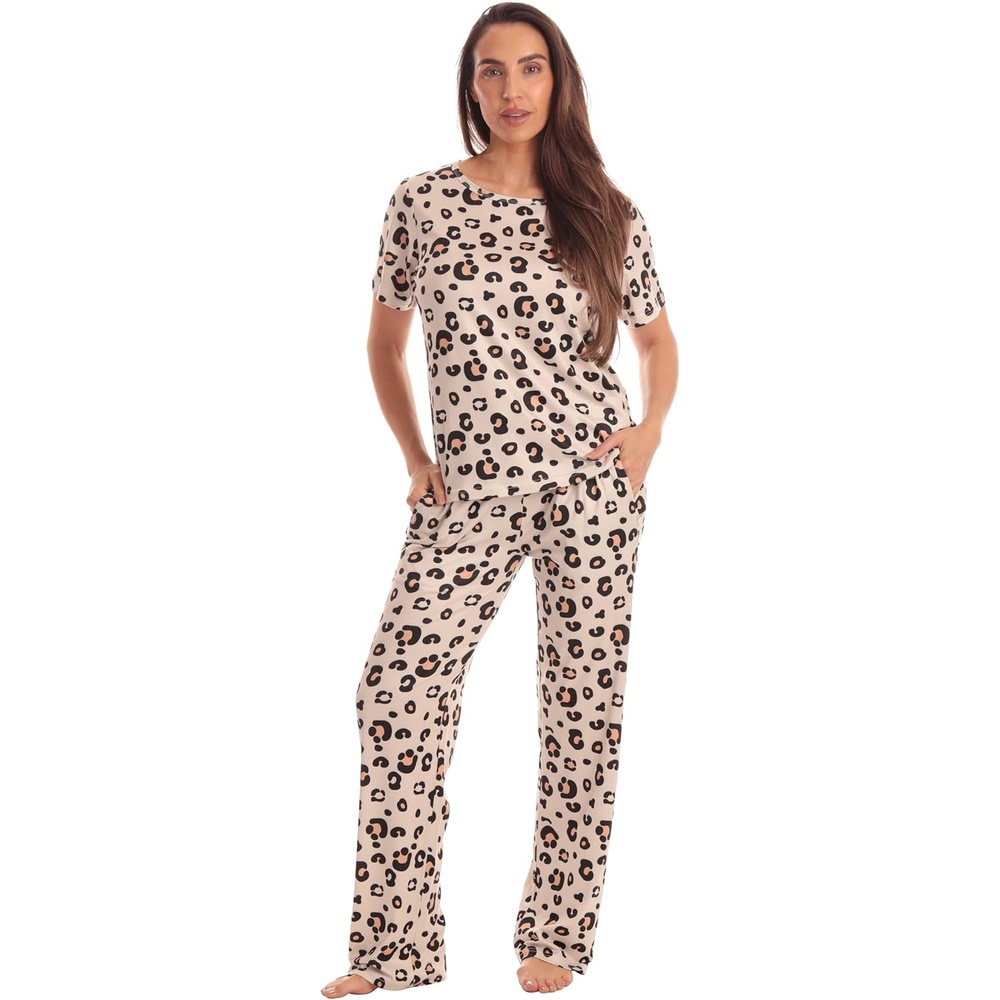 imageJust Love Womens Pajama Set Soft Stretch Short Sleeve Crew Neck Top and PJ Pants with Two PocketsBig Cheetah
