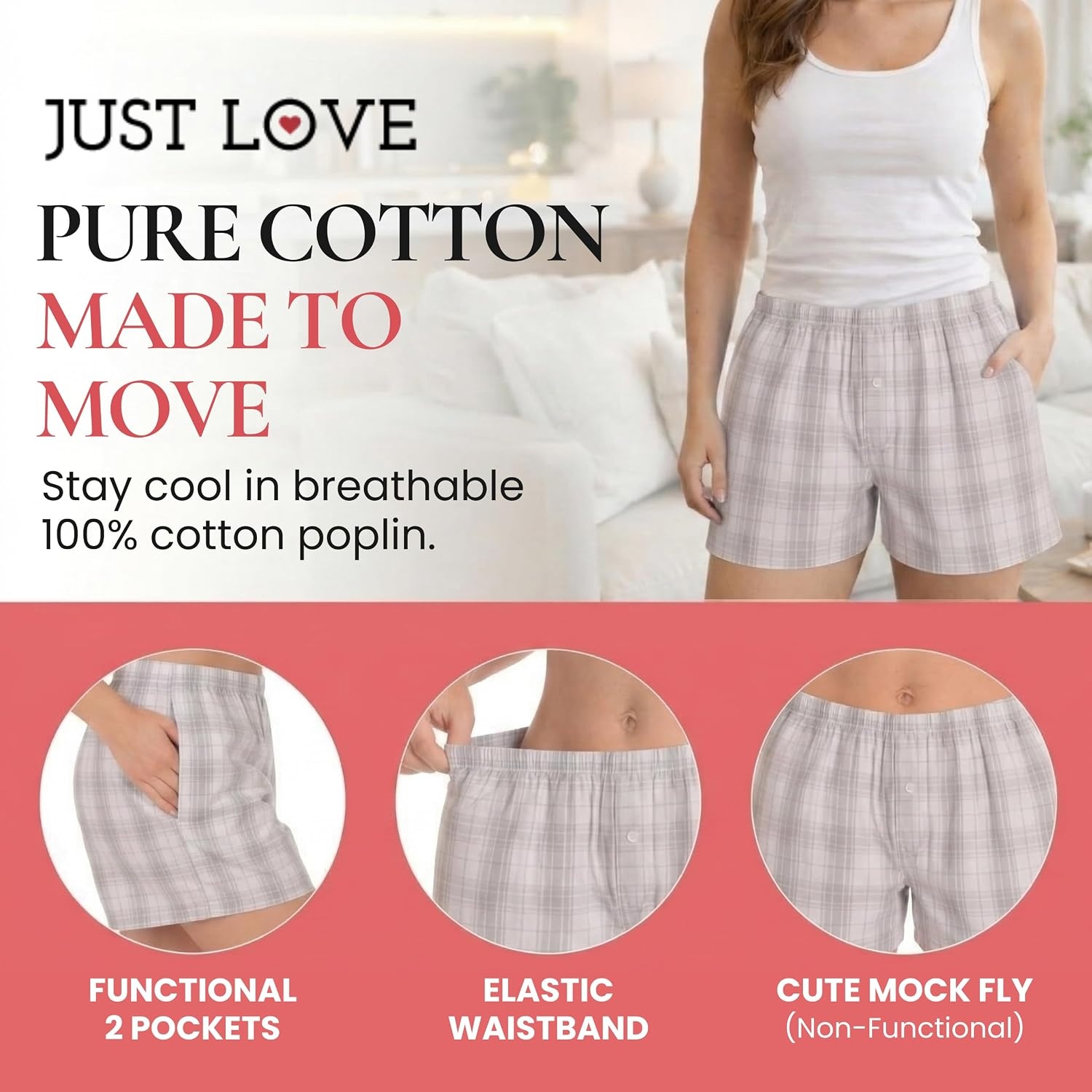 image:imageJust Love Womans Pajamas Shorts PJsPlaid Grey White