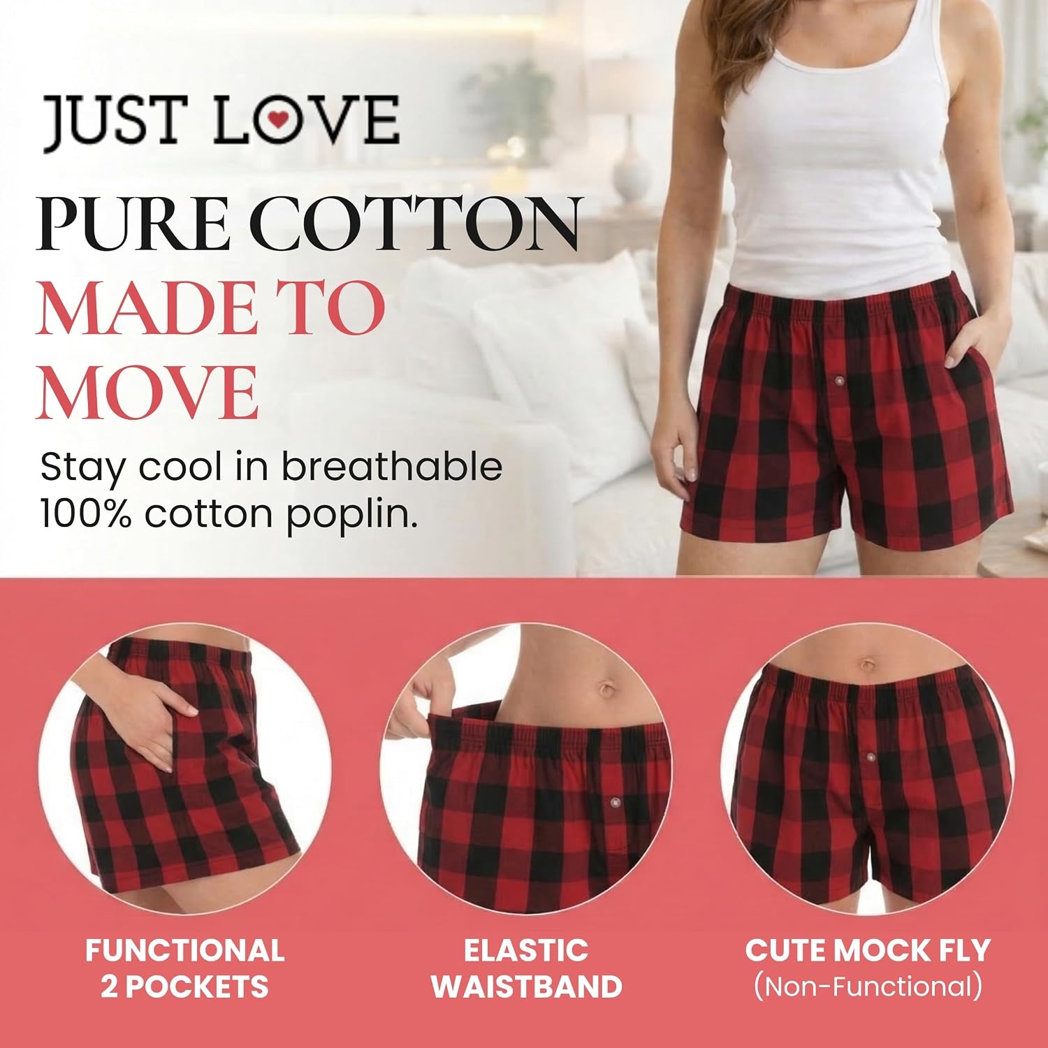image:imageJust Love Womans Pajamas Shorts PJsRed Black Buffalo Plaid
