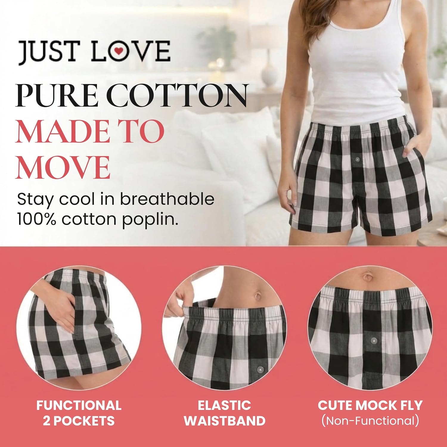image:imageJust Love Womans Pajamas Shorts PJsWhite Black Buffalo Plaid
