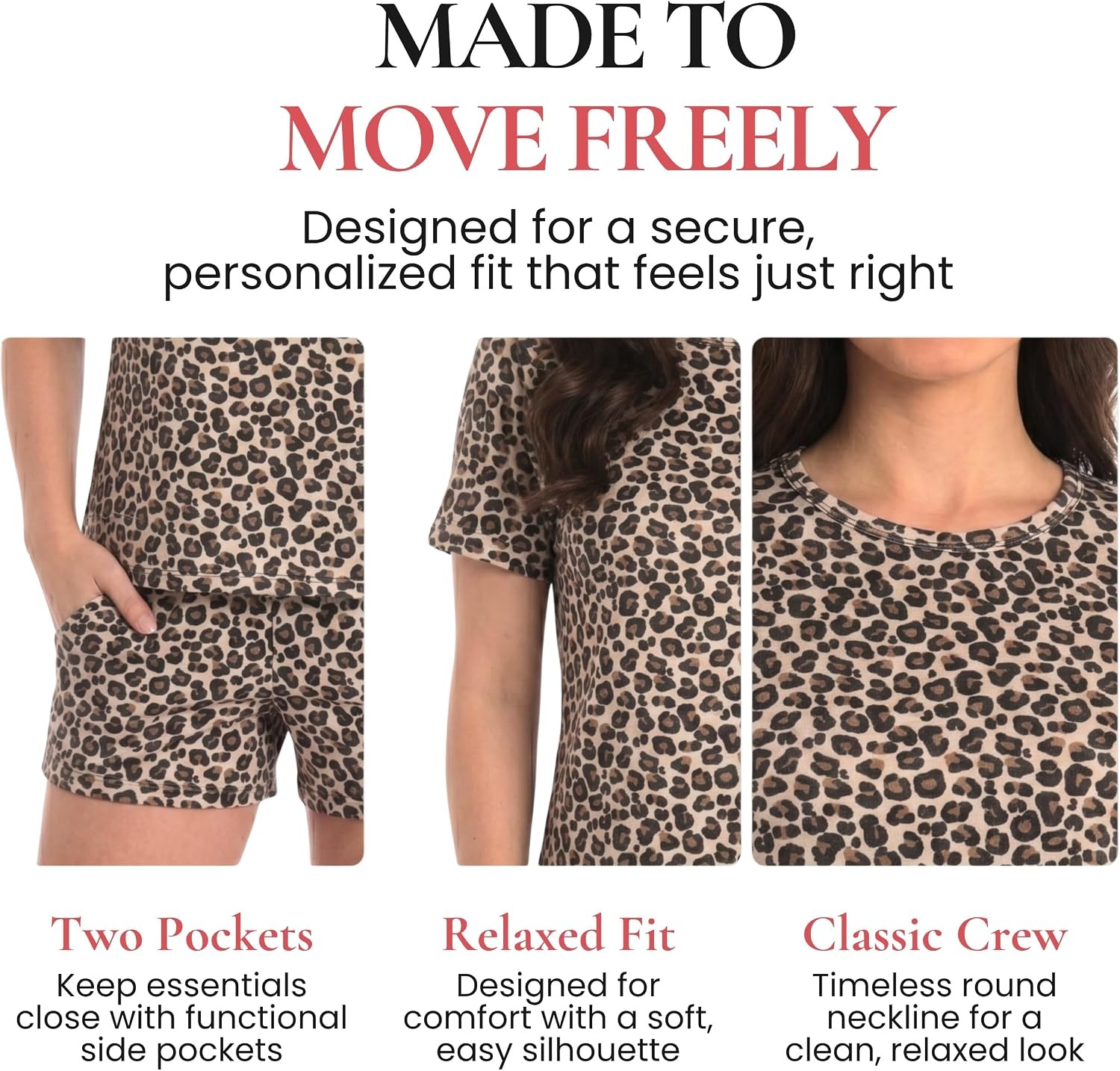 image:imageJust Love Womens Pajama Set Soft Stretch Short Sleeve Crew Neck Top and Matching PJ Shorts with Two PocketsBeige Cheetah