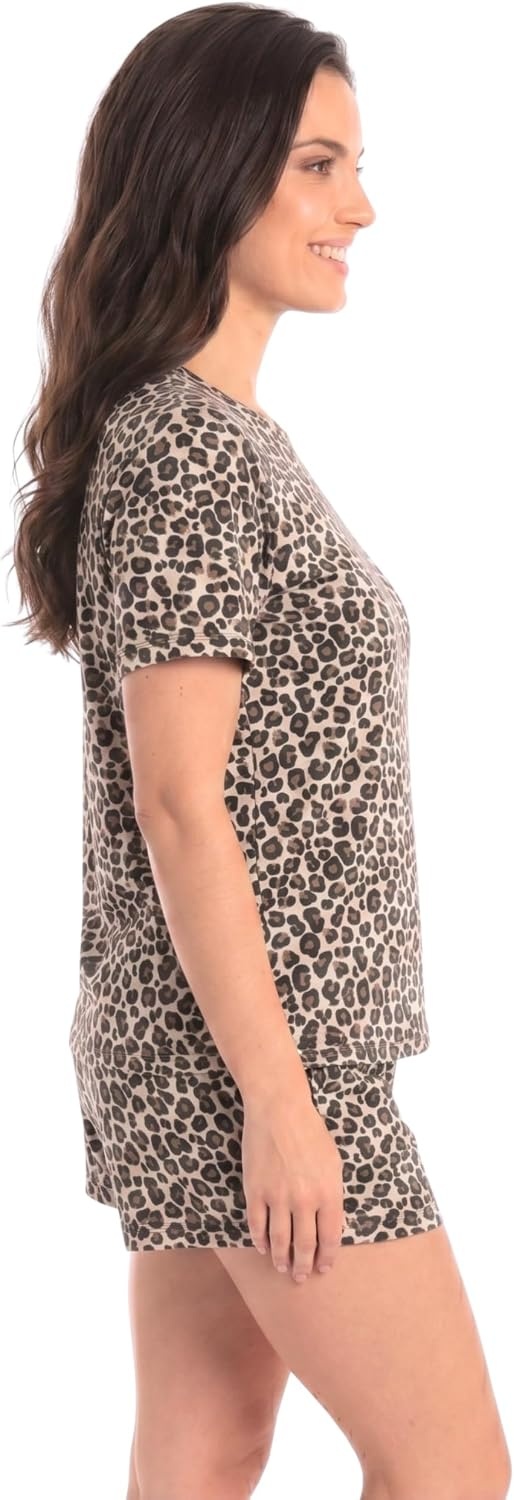 image:imageJust Love Womens Pajama Set Soft Stretch Short Sleeve Crew Neck Top and Matching PJ Shorts with Two PocketsBeige Cheetah
