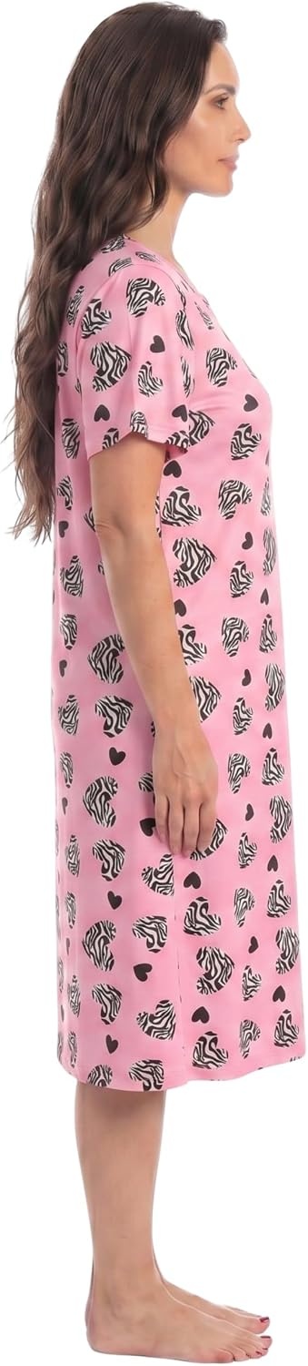 image:imageJust Love Womens Nightgown Soft Stretch Short Sleeve Sleep Shirt with BelowKnee LengthPink Zebra Hearts