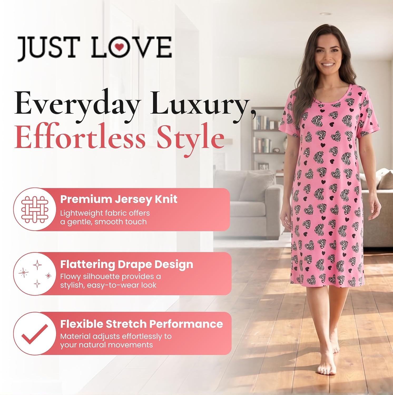 image:imageJust Love Womens Nightgown Soft Stretch Short Sleeve Sleep Shirt with BelowKnee LengthPink Zebra Hearts