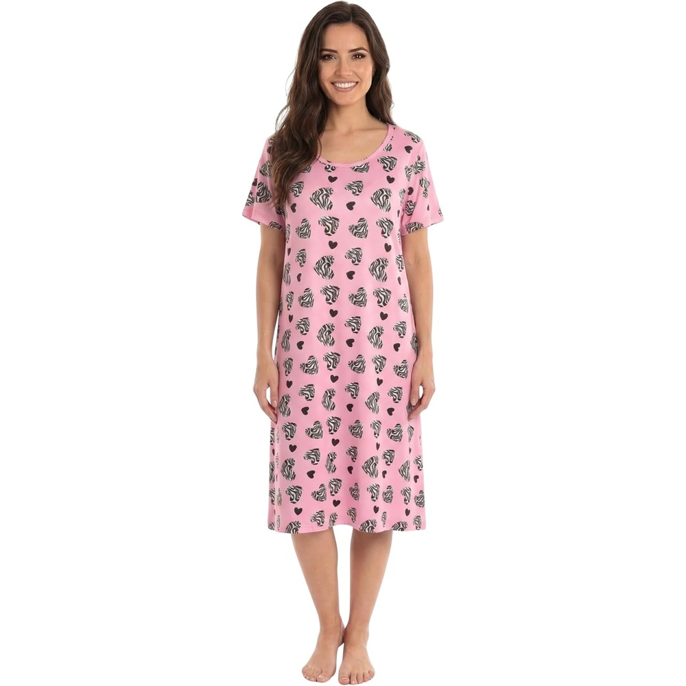 image:imageJust Love Womens Nightgown Soft Stretch Short Sleeve Sleep Shirt with BelowKnee LengthPink Zebra Hearts