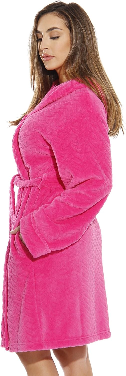 image:imageJust Love Kimono Robe Chevron Texture Fleece Hooded Bath Robes for WomenFuchsia With Hood