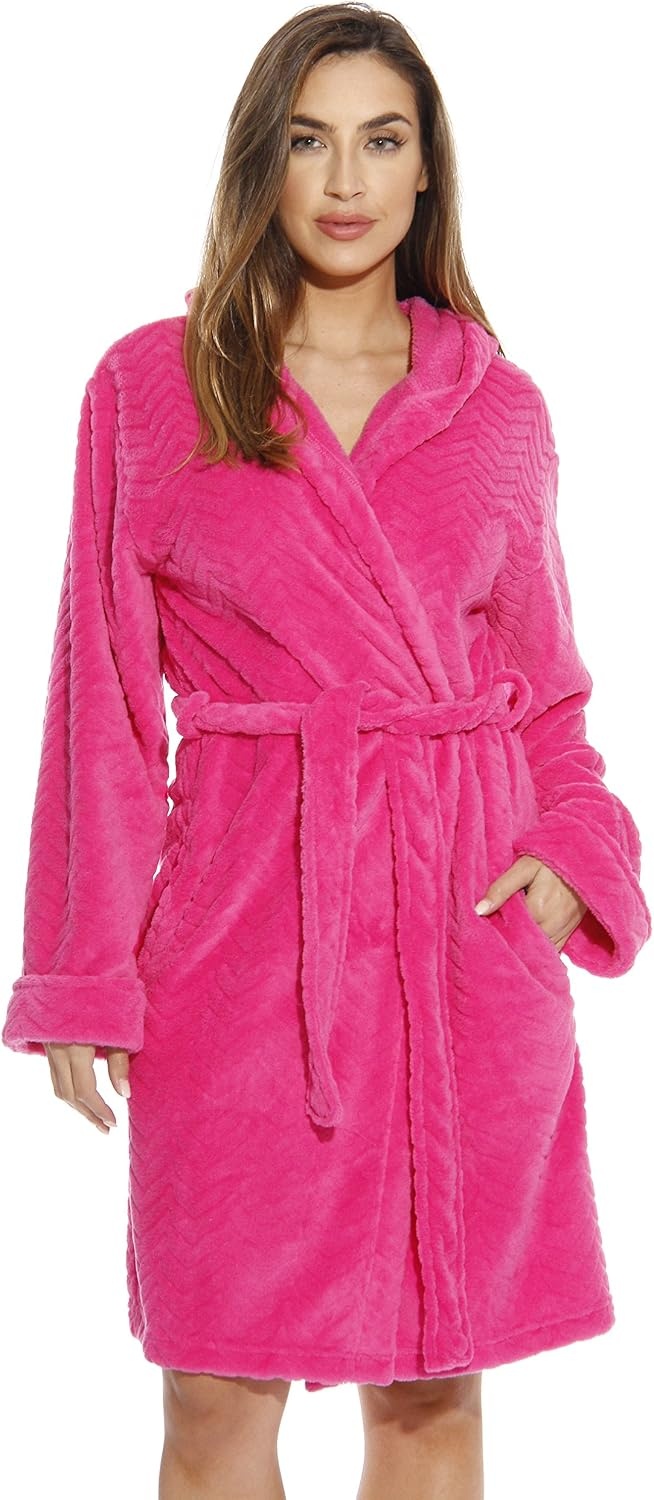 image:imageJust Love Kimono Robe Chevron Texture Fleece Hooded Bath Robes for WomenFuchsia With Hood