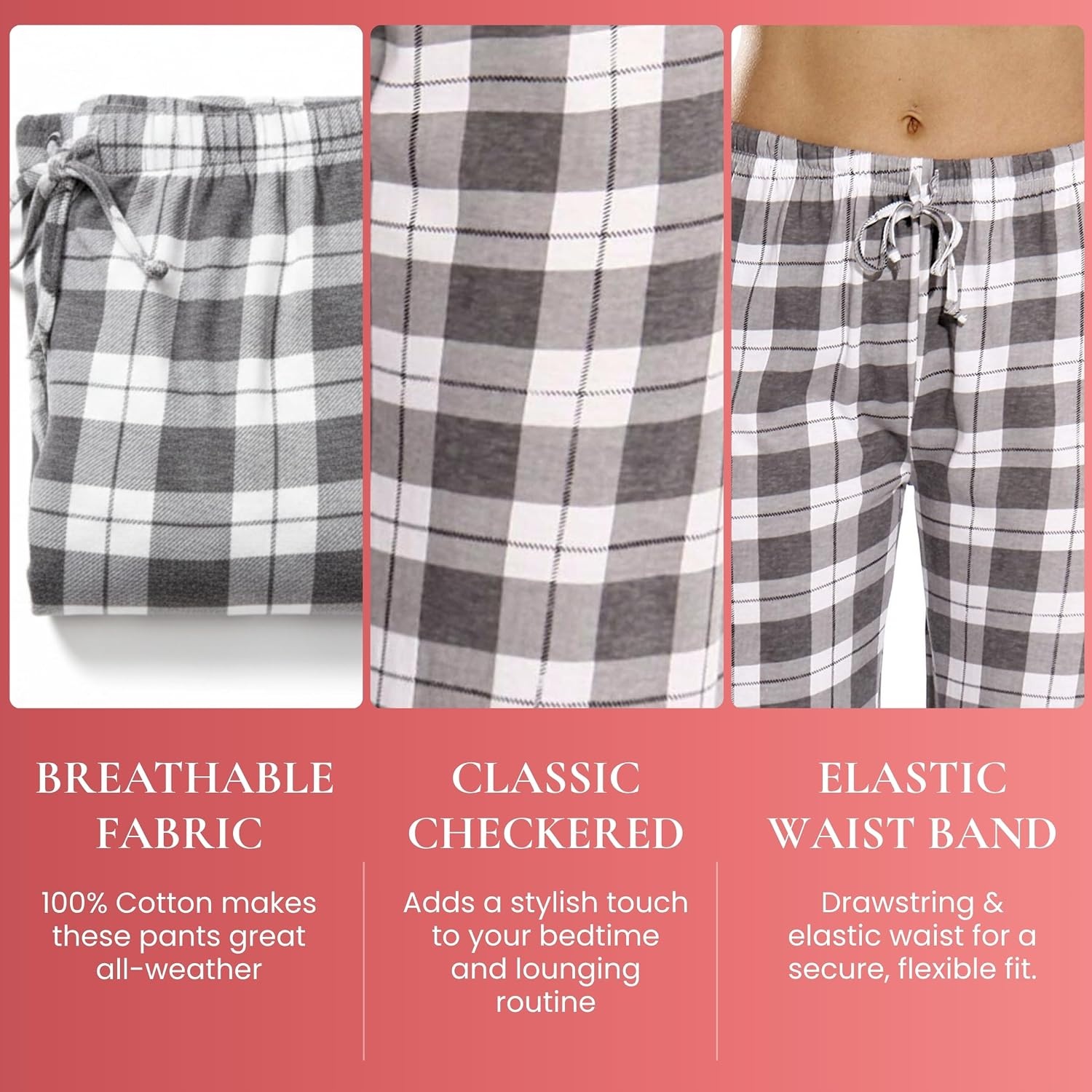image:imageJust Love Womens 100 Cotton Plaid Pajama Pants Jersey Knit Sleep and Lounge PJ BottomsCoral Plaid