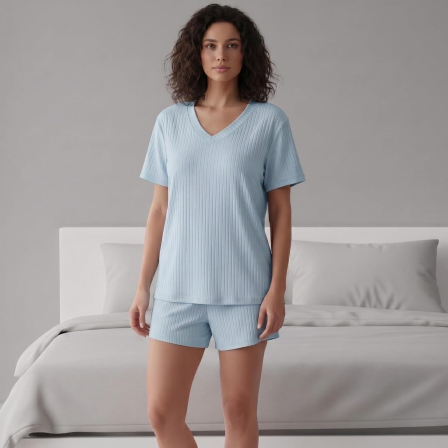 image:imageJust Love Womens Pajama Short Set Stretch Jersey VNeck Sleepwear with Elastic Waist ShortsSolid Black
