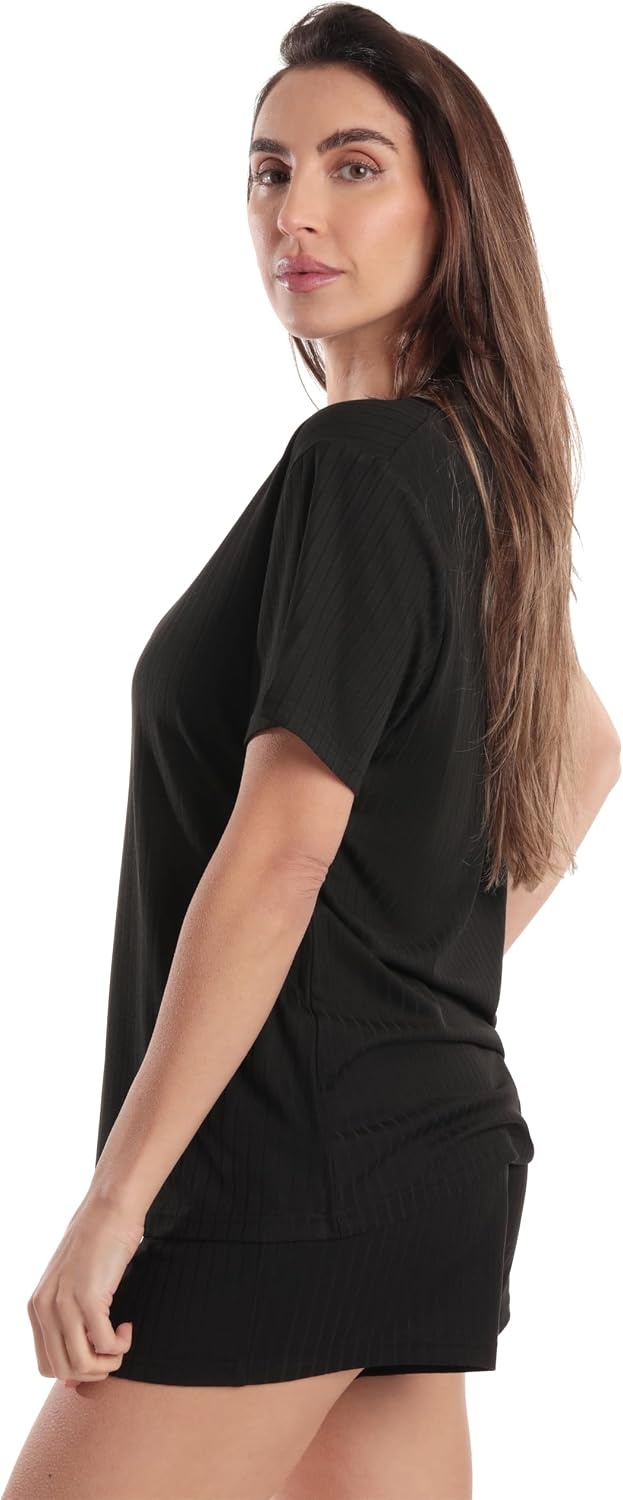 image:imageJust Love Womens Pajama Short Set Stretch Jersey VNeck Sleepwear with Elastic Waist ShortsSolid Black