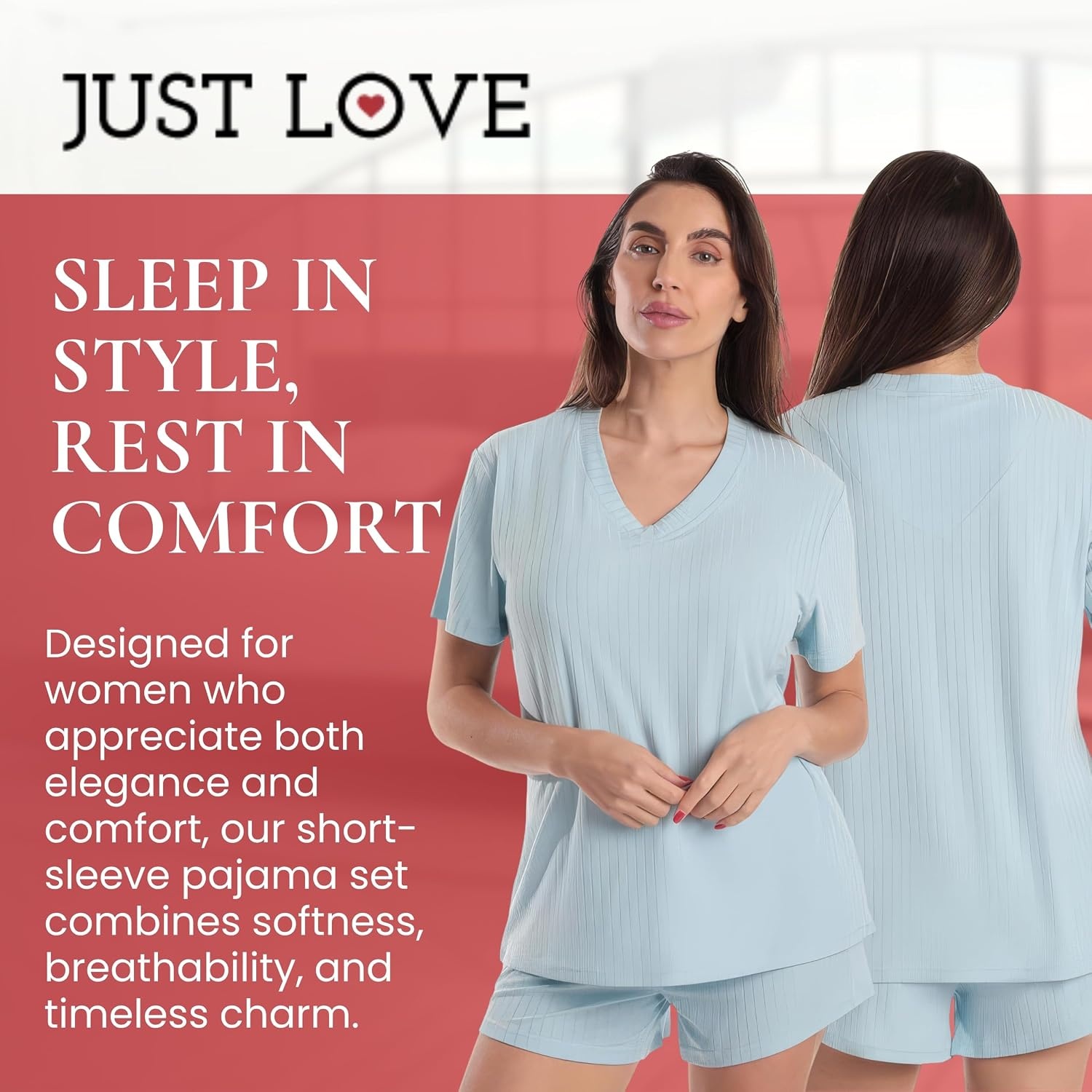 image:imageJust Love Womens Pajama Short Set Stretch Jersey VNeck Sleepwear with Elastic Waist ShortsSolid Black