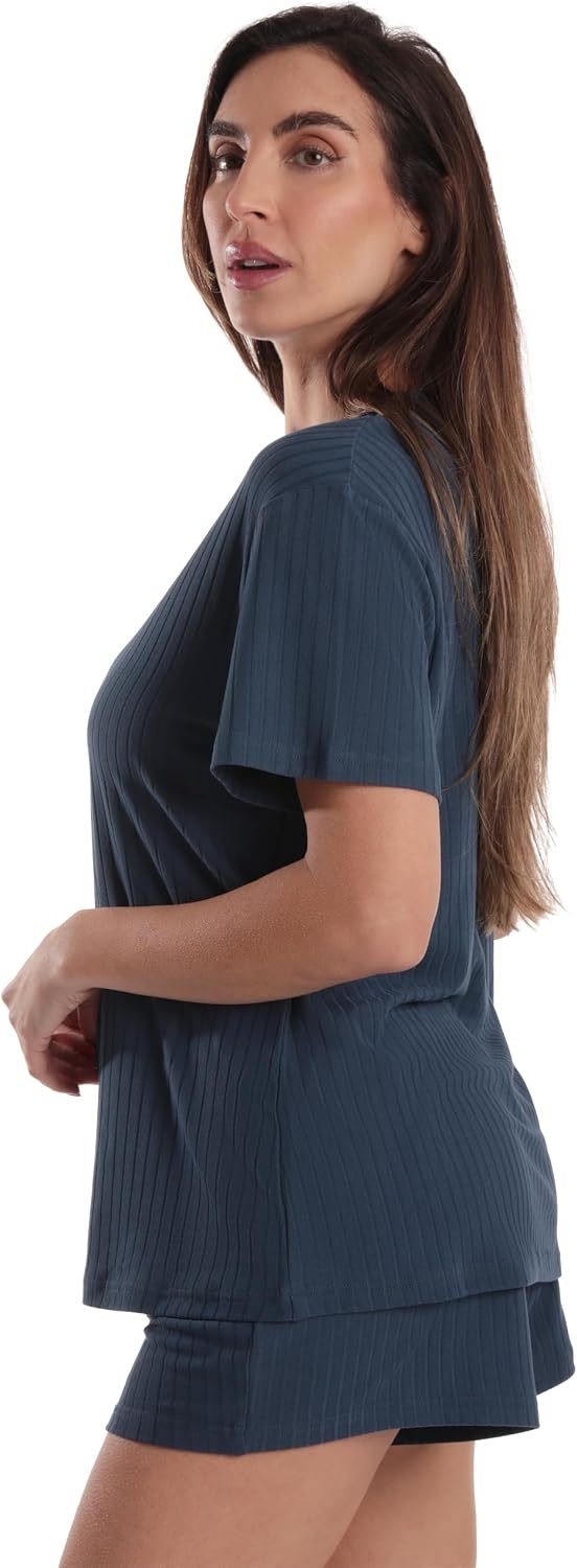 image:imageJust Love Womens Pajama Short Set Stretch Jersey VNeck Sleepwear with Elastic Waist ShortsSolid Navy