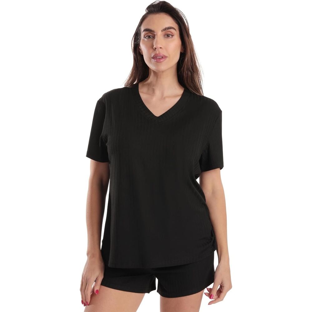 image:imageJust Love Womens Pajama Short Set Stretch Jersey VNeck Sleepwear with Elastic Waist ShortsSolid Black