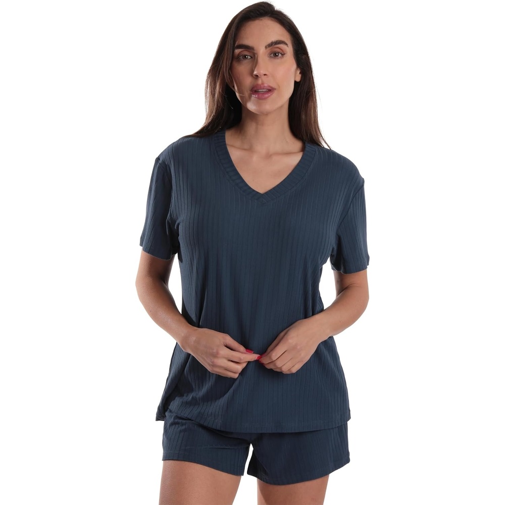 image:imageJust Love Womens Pajama Short Set Stretch Jersey VNeck Sleepwear with Elastic Waist ShortsSolid Navy