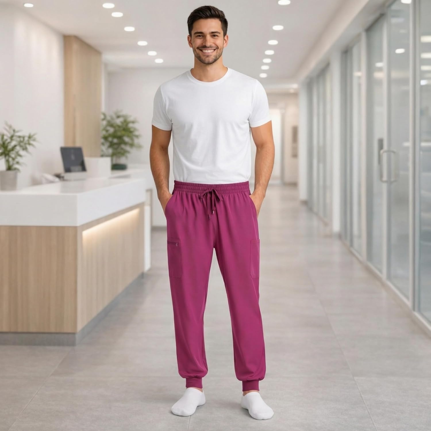 image:imageJust Love Mens Jogger Scrub Pants 6Pocket 4Way Stretch Slim Fit Medical Uniform Bottoms with DrawstringBurgundy Stretch Fabric