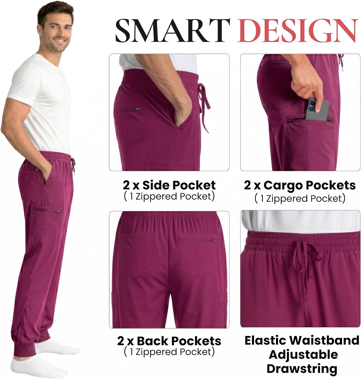 image:imageJust Love Mens Jogger Scrub Pants 6Pocket 4Way Stretch Slim Fit Medical Uniform Bottoms with DrawstringBurgundy Stretch Fabric