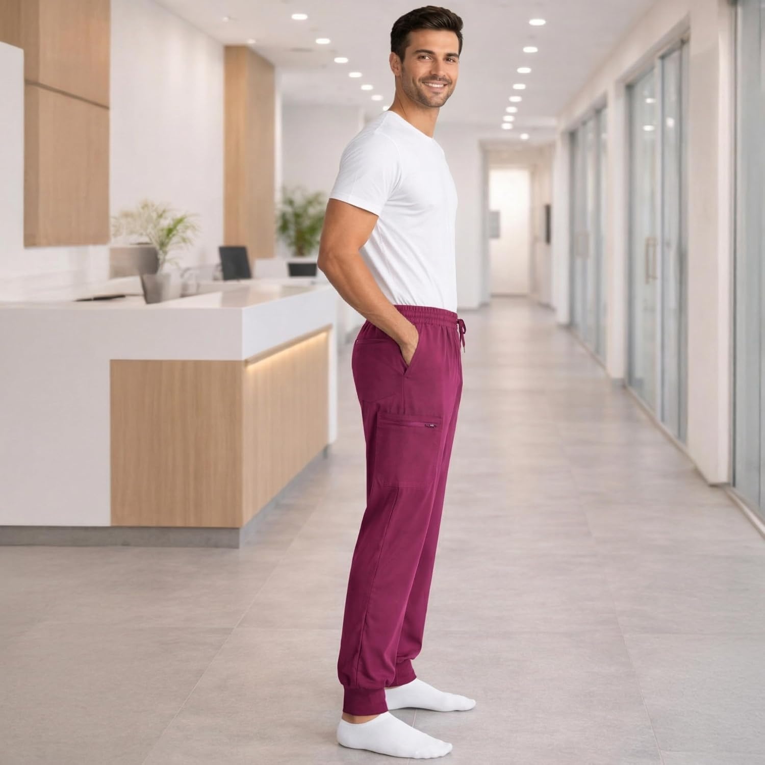 image:imageJust Love Mens Jogger Scrub Pants 6Pocket 4Way Stretch Slim Fit Medical Uniform Bottoms with DrawstringBurgundy Stretch Fabric