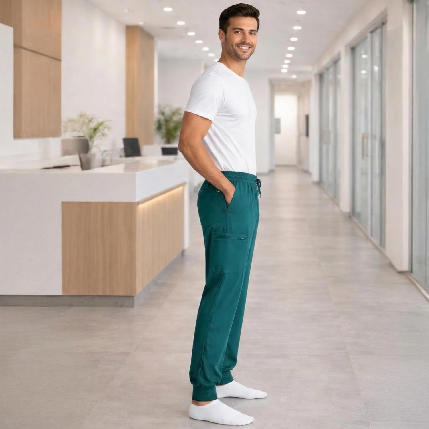 image:imageJust Love Mens Jogger Scrub Pants 6Pocket 4Way Stretch Slim Fit Medical Uniform Bottoms with DrawstringCarribean Blue Stretch Fabric