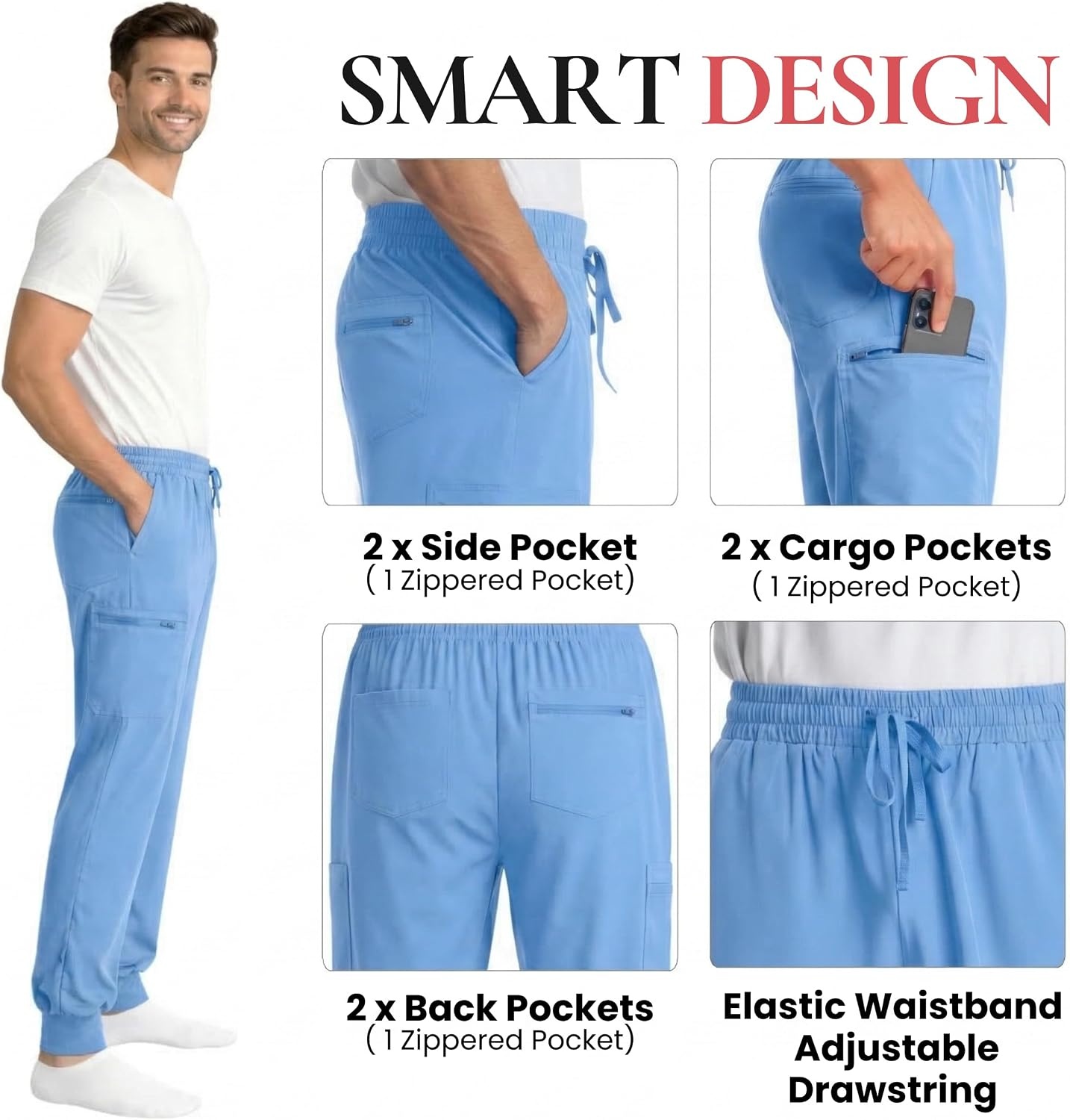 image:imageJust Love Mens Jogger Scrub Pants 6Pocket 4Way Stretch Slim Fit Medical Uniform Bottoms with DrawstringCeil Stretch Fabric