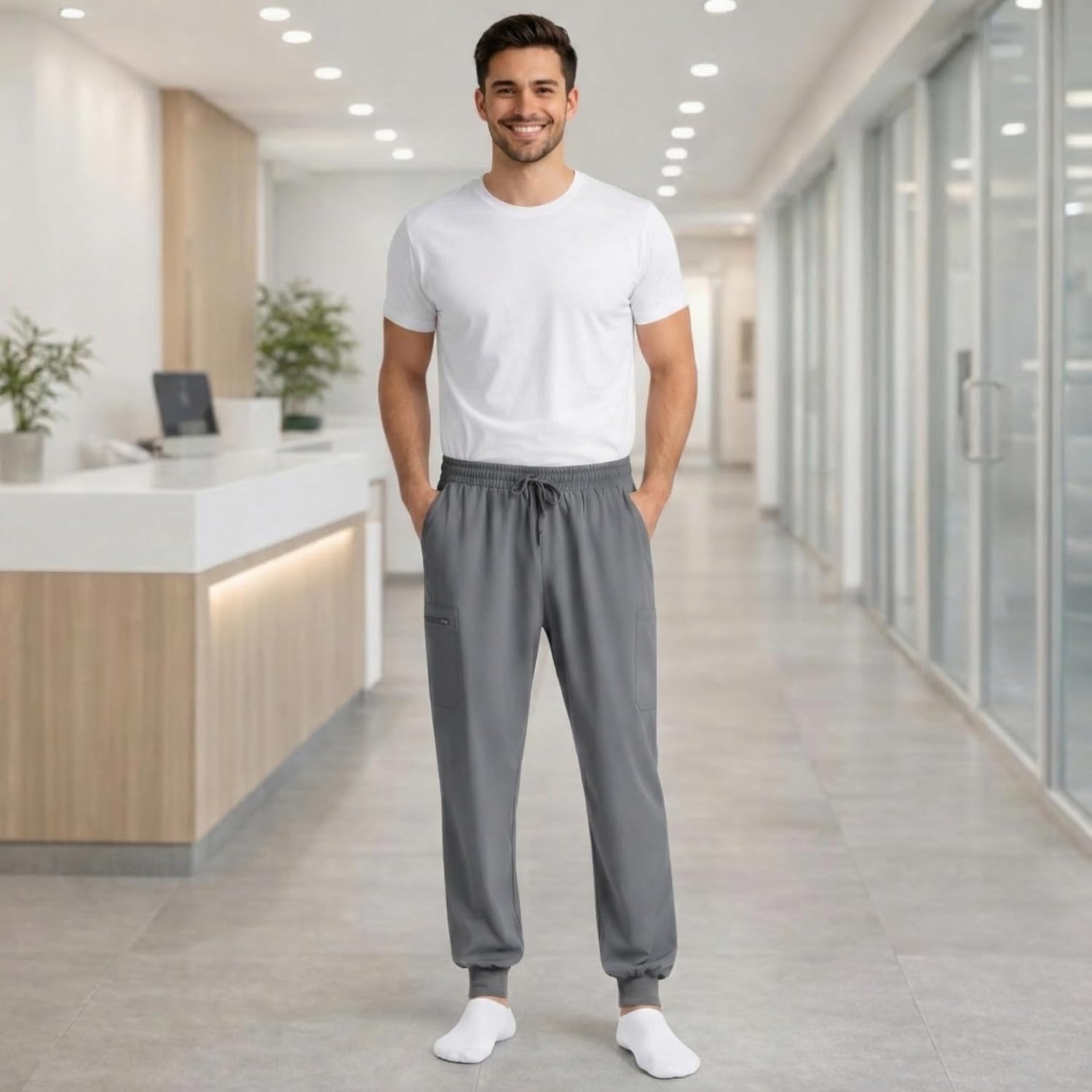 image:imageJust Love Mens Jogger Scrub Pants 6Pocket 4Way Stretch Slim Fit Medical Uniform Bottoms with DrawstringDark Grey Stretch Fabric