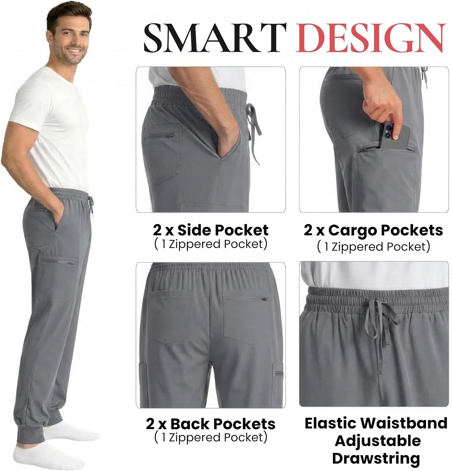 image:imageJust Love Mens Jogger Scrub Pants 6Pocket 4Way Stretch Slim Fit Medical Uniform Bottoms with DrawstringDark Grey Stretch Fabric