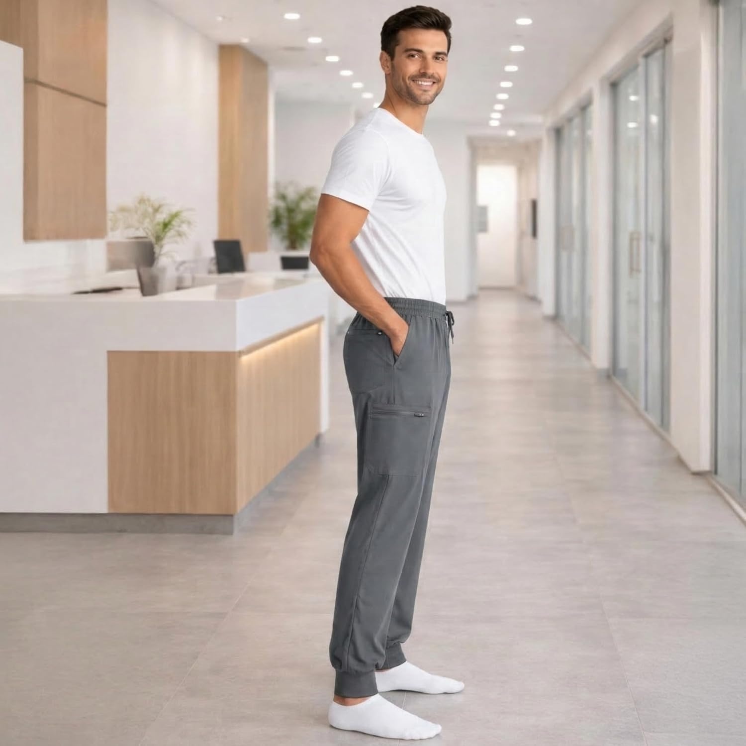 image:imageJust Love Mens Jogger Scrub Pants 6Pocket 4Way Stretch Slim Fit Medical Uniform Bottoms with DrawstringDark Grey Stretch Fabric