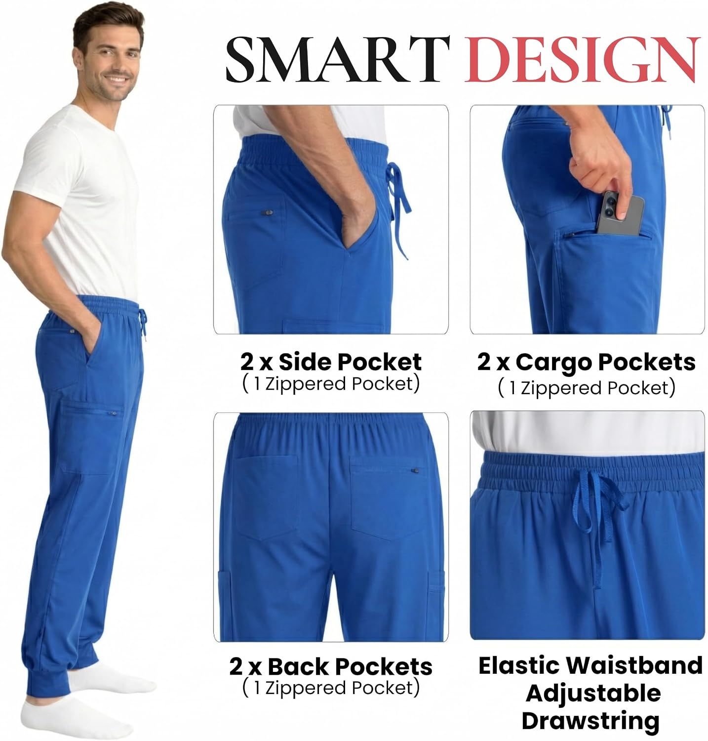 image:imageJust Love Mens Jogger Scrub Pants 6Pocket 4Way Stretch Slim Fit Medical Uniform Bottoms with DrawstringRoyal Stretch Fabric