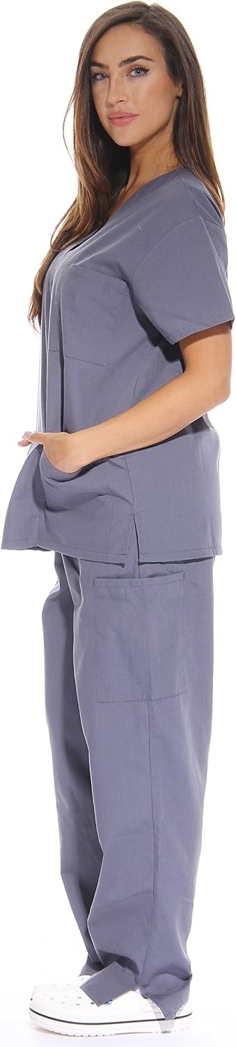 image:imageJust Love Womens Medical Scrubs Set 6Pocket VNeck Top amp Cargo Pants Cotton Blend Nursing UniformGrey