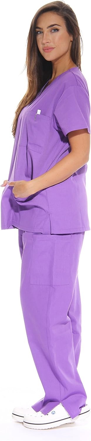 image:imageJust Love Womens Medical Scrubs Set 6Pocket VNeck Top amp Cargo Pants Cotton Blend Nursing UniformPurple