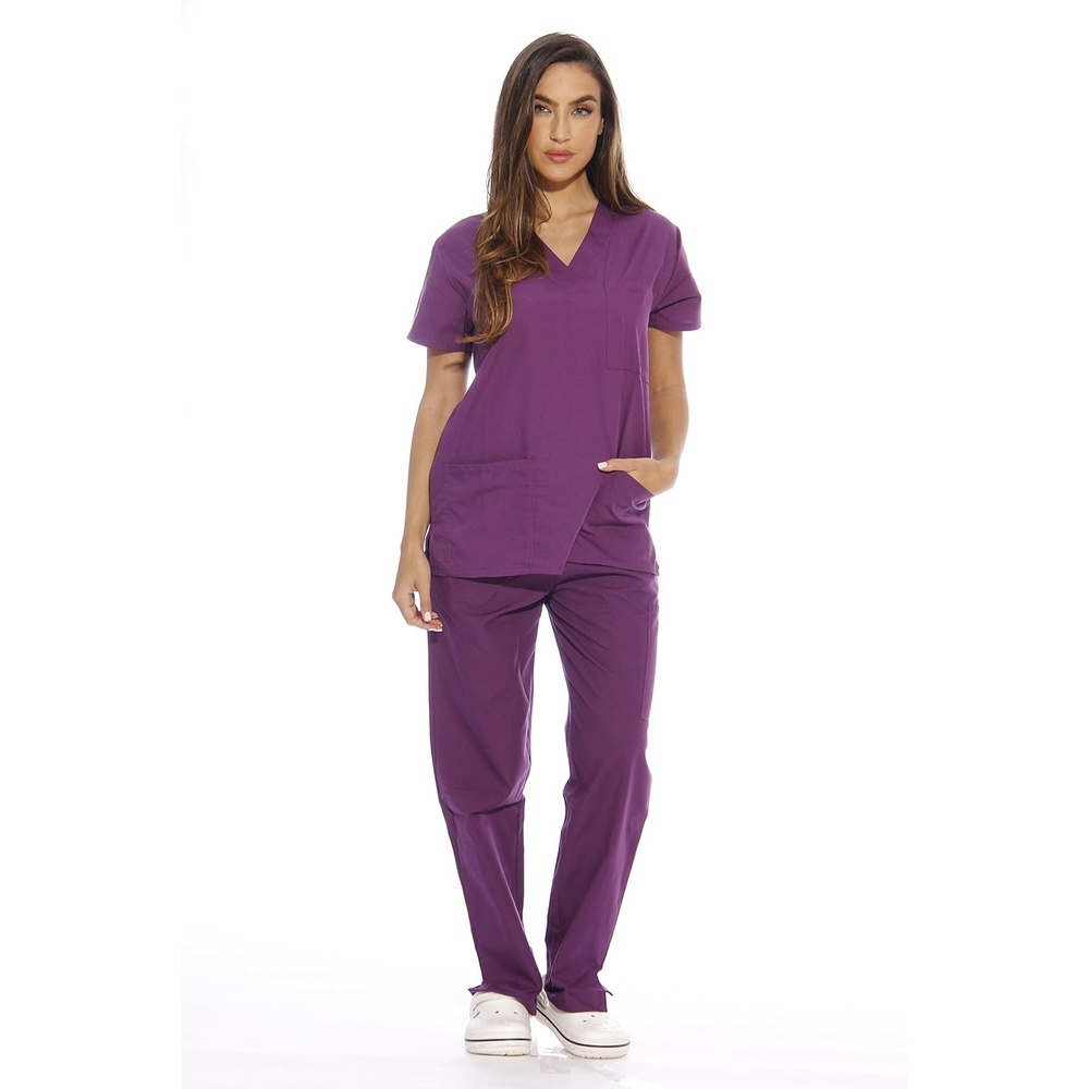 image:imageJust Love Womens Medical Scrubs Set 6Pocket VNeck Top amp Cargo Pants Cotton Blend Nursing UniformEggplant