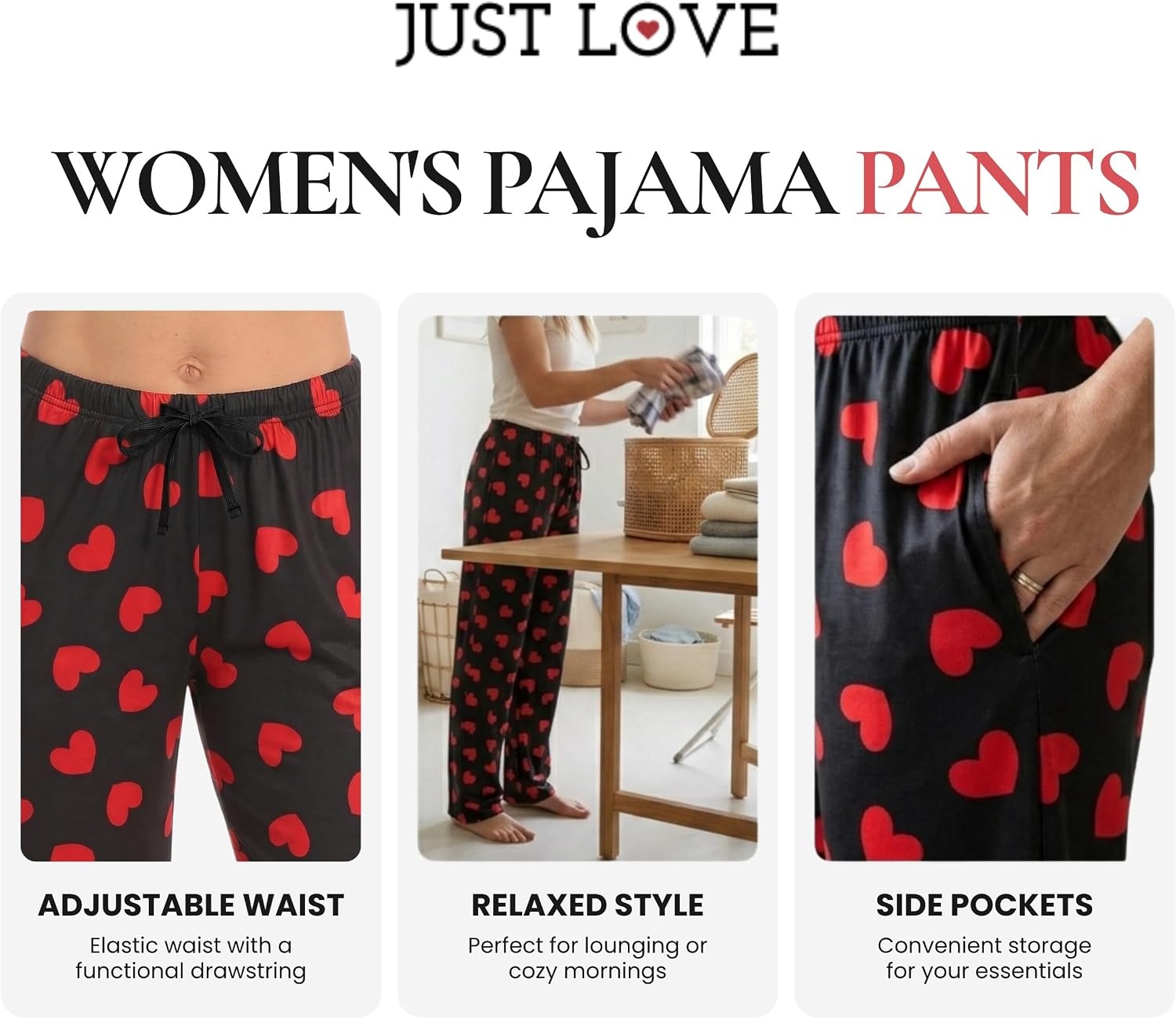 image:imageJust Love Womens Pajama Pants Soft Stretch Jersey PJ Bottoms with Two Pockets Elastic Waist and DrawstringBlack Red Heart Print