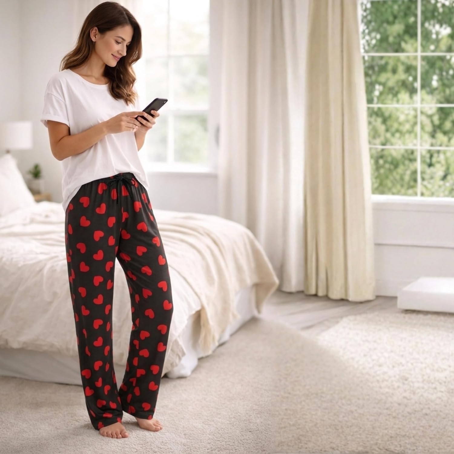 image:imageJust Love Womens Pajama Pants Soft Stretch Jersey PJ Bottoms with Two Pockets Elastic Waist and DrawstringBlack Red Heart Print