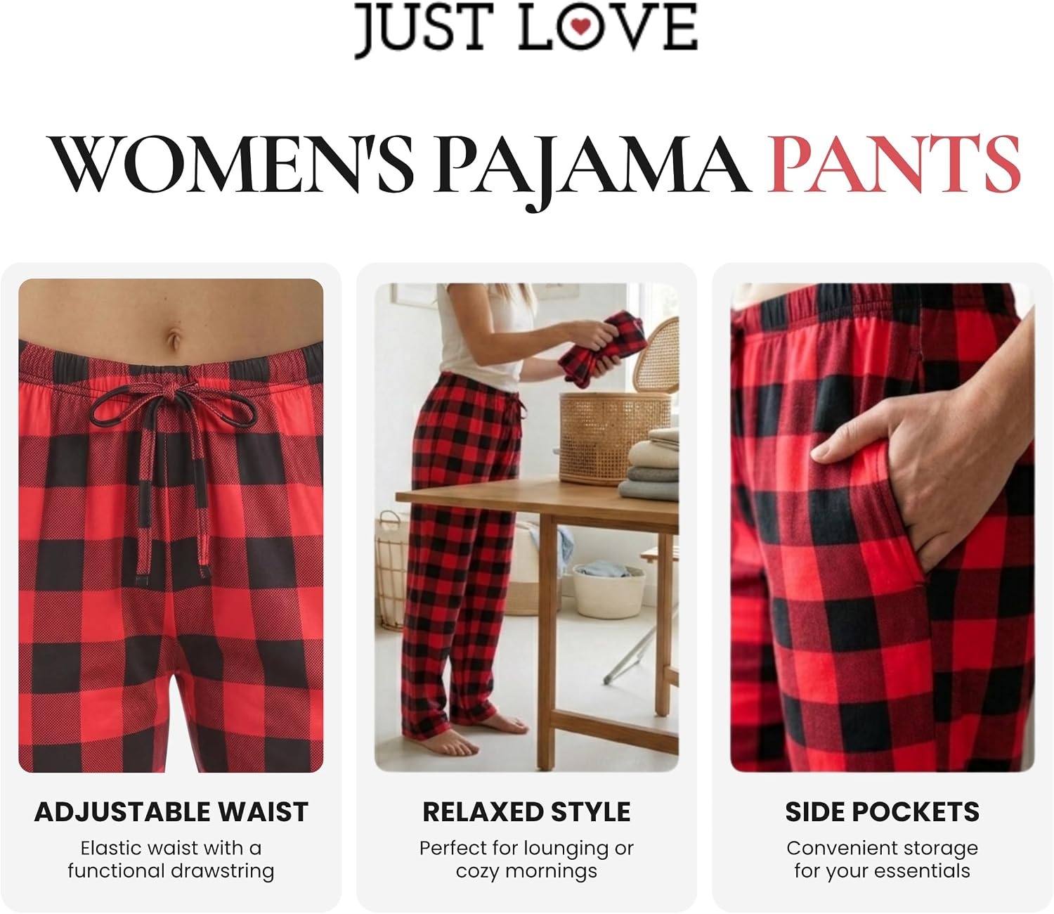 image:imageJust Love Womens Pajama Pants Soft Stretch Jersey PJ Bottoms with Two Pockets Elastic Waist and DrawstringRed Black Buffalo Plaid