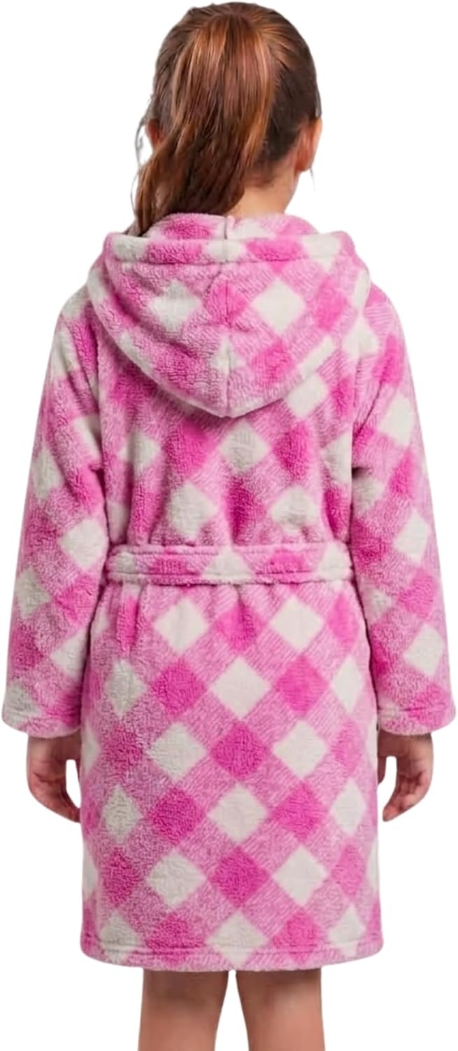 image:imageJust Love Girls Plush Hooded Robe Soft Printed Fleece BathrobeBuffalo Plaid Diagonal Fuchsia