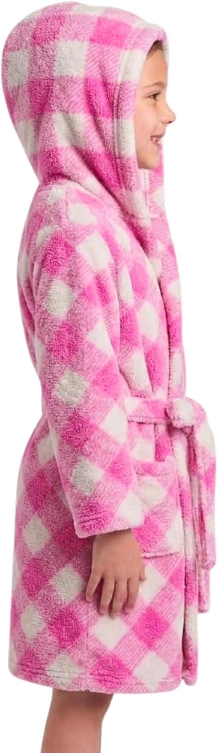 image:imageJust Love Girls Plush Hooded Robe Soft Printed Fleece BathrobeBuffalo Plaid Diagonal Fuchsia
