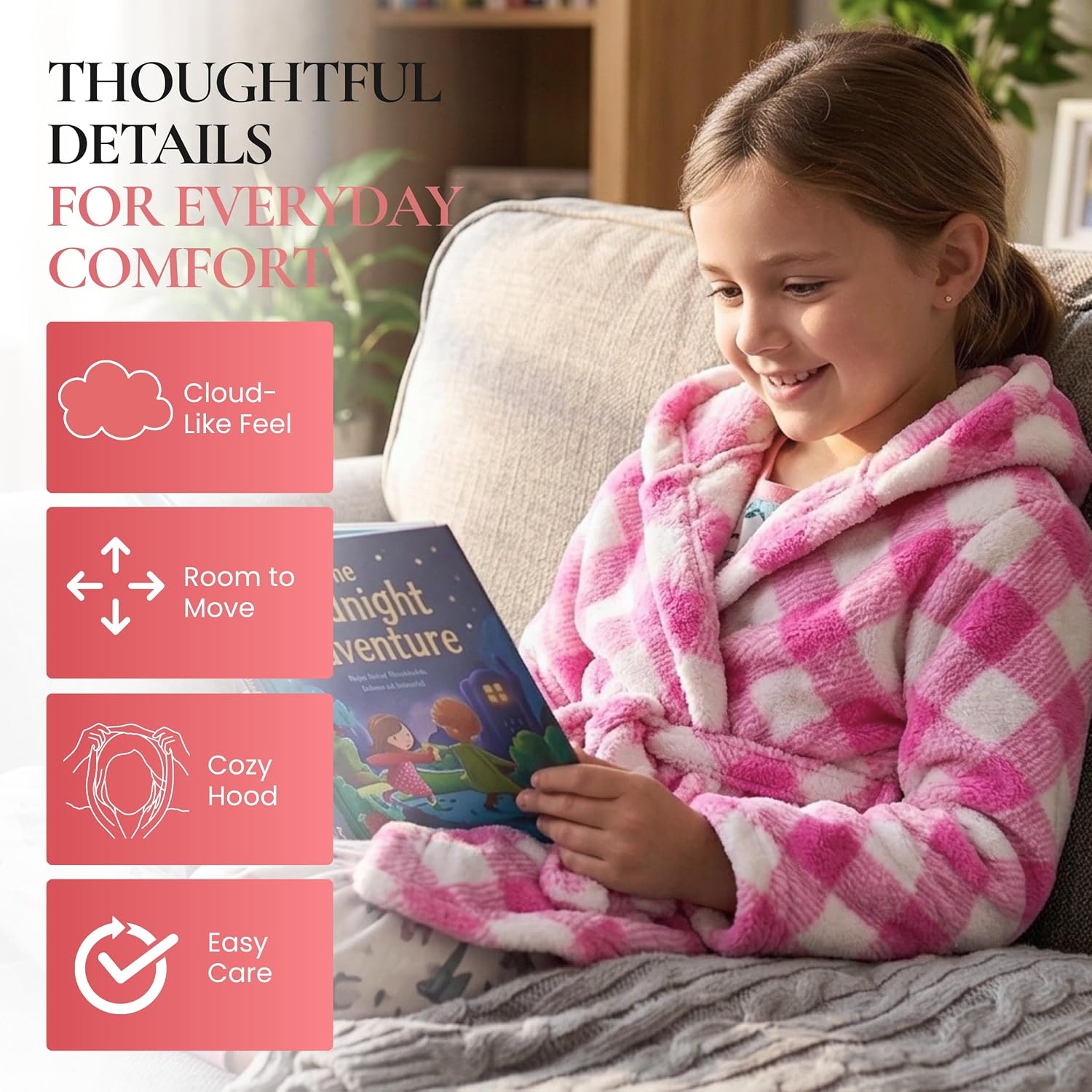 image:imageJust Love Girls Plush Hooded Robe Soft Printed Fleece BathrobeBuffalo Plaid Diagonal Fuchsia